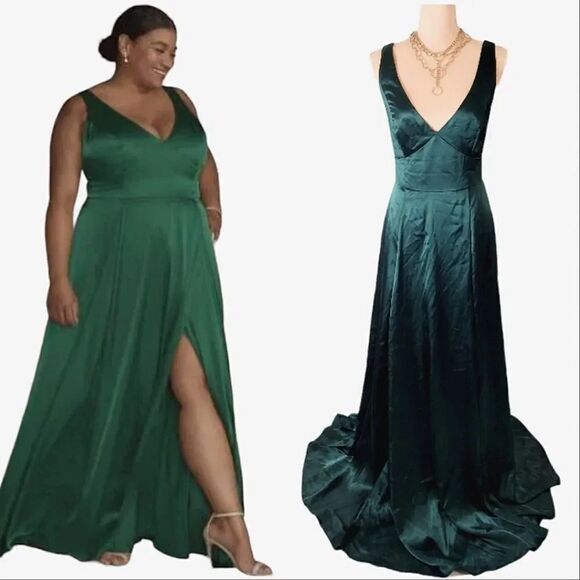 Galina Signature Green Tank V Neck Bridesmaid Dress with Slit Size 12 - Picture 1 of 17